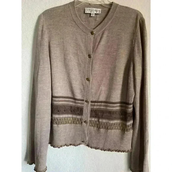 St. John Collection Embellished Ruffle Trim Striped Crew Neck Brown Sweater M - Picture 2 of 14